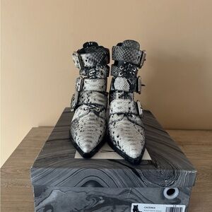 Women's Black and White Buckle Boots